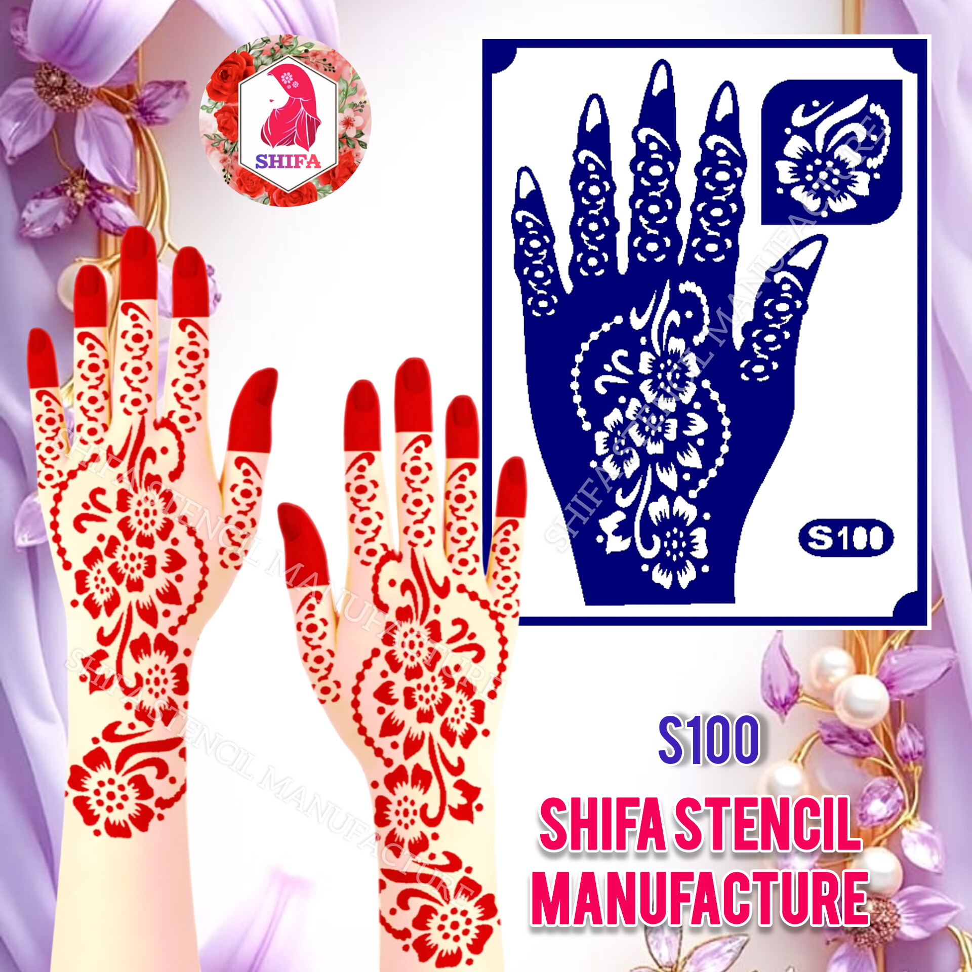 S100 Floral Single hand Arabic Design  - Sticker Overview  - Shifa Stencil Manufacturer